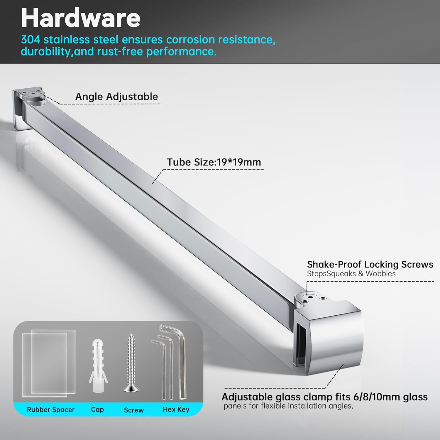 Frameless Shower Door Support Bar, Stainless Steel Wall-to-Glass Support Arm to Fixed Shower Glass Panel, for 1/4"-3/8" (6-10 mm) Door, 180° Pivot & Stow-Flat Mode (Chrome, 27.6-inch(700mm)) Chrome 27.6-inch(700mm)