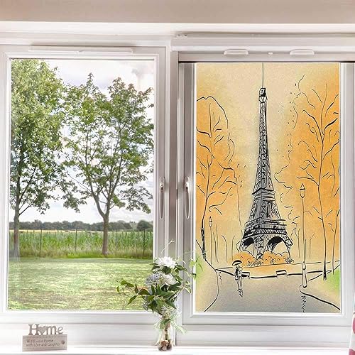 Miniatura 4 de Película de privacidad para ventana de París, torre Eiffel con hojas de otoño en efecto de boceto, punto de referencia navideño, película de vidrio