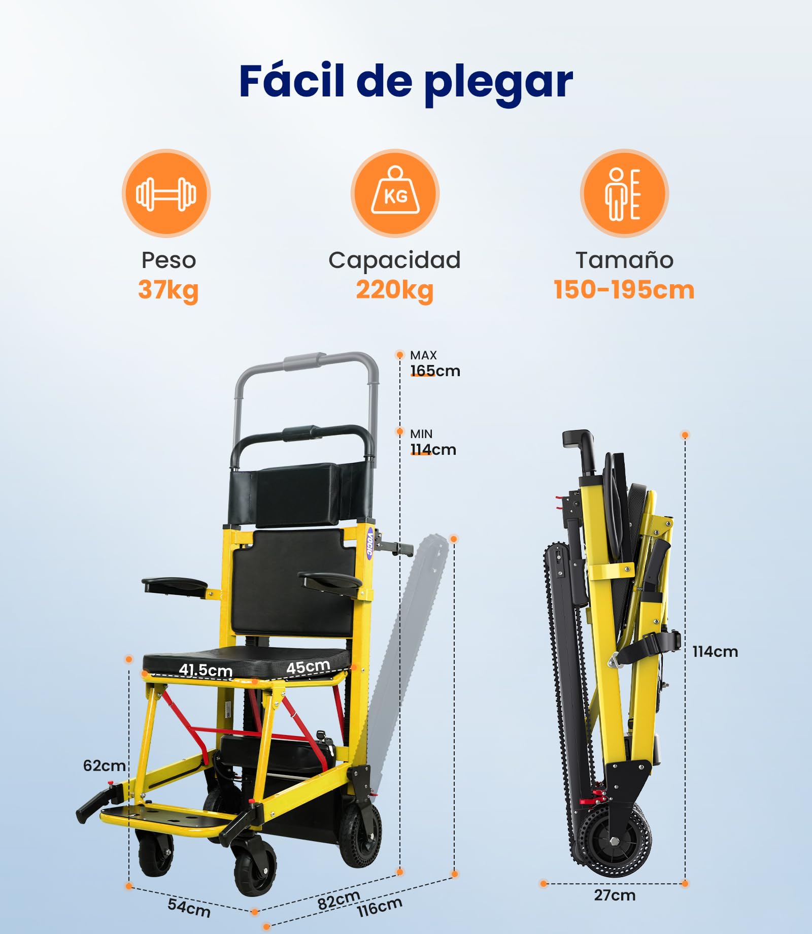 VOCIC AY04 Silla de ruedas eléctrica para subir escaleras, 220 kg | Alta capacidad de carga, con cadena de goma, para personas mayores, con luz LED (amarillo)