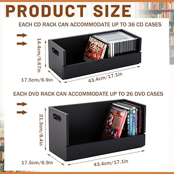 CroBlissful 2 Set Wooden DVD and CD Storage Box Cassette Tape Display Stand Holder Rack with Carrying Handle, Organizer Shelf for Movie Cases, Each Can Store up to 36 CDs and 26 DVDs (Black)