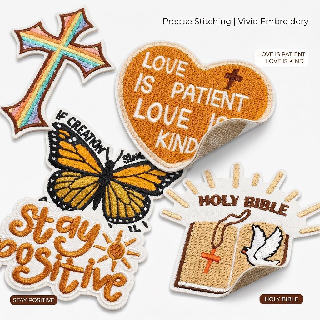 20 Pcs Christian Iron On Embroidered Patches for Backpack, Vintage Jesus Cross Bible Verse Retro Brown Boho Fall Sew Glue on Patches for Christians Women Clothes Jackets Jeans Repair