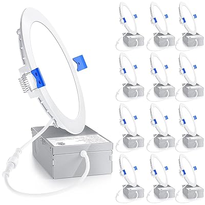 Ensenior 12 Pack 6 Inch LED Recessed Light, Dimmable, 5000K Daylight, 1200LM High Brightness, 12W 120V, Damp Rated, ERL-12X-ETL, Ultra-Thin Canless Wafer Light - ETL & FCC & IC