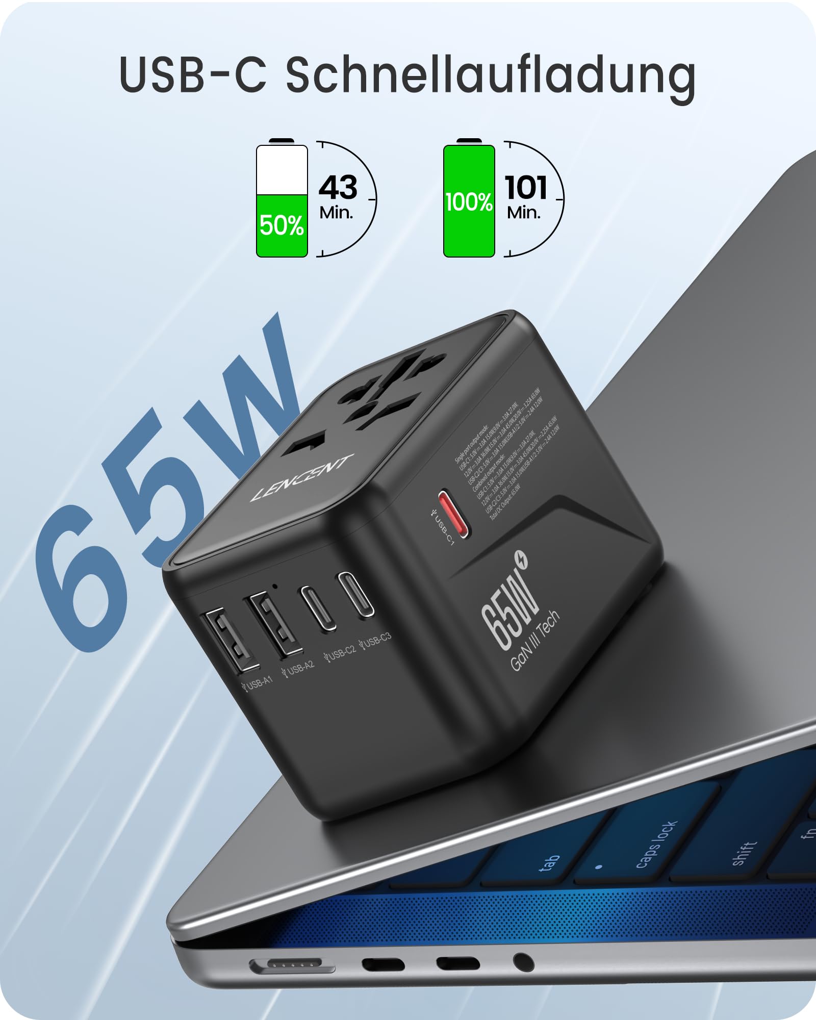 LENCENT Universeller Reiseadapter, GaN III 65W Internationales Ladegerät | mit 2 USB-A&3 Typ-C PD Schnellladung, Weltweiter Reisestecker Adapter für Typ A/C/G/I (USA/UK/EU/AUS) Steckdosen, Schwarz