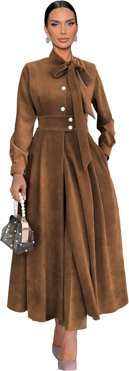 Corduroy Dresses for Women Long Sleeve Maxi Wedding Guest Dress with Pockets Button Down Formal Evening Gown