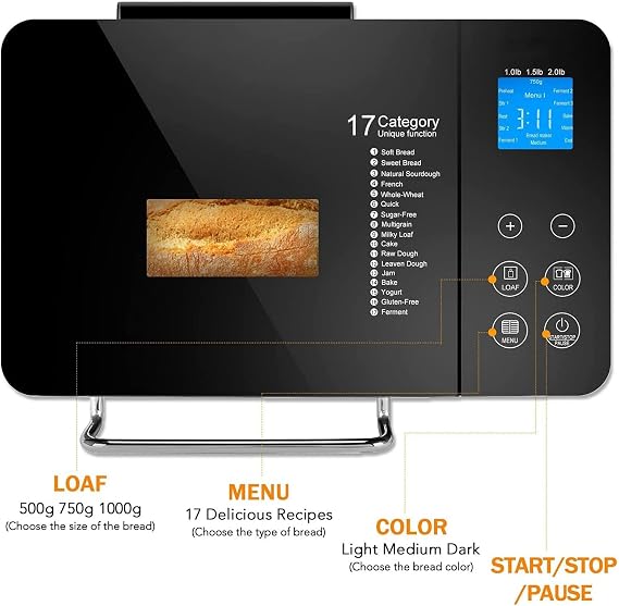 Bread Maker Machine, Fully Automatic Bread Machine, 15-in-1 Automatic Nut Dispenser Pan Maker with Timer Delay, 1 Hour Warm, Stainless Steel & Non-Stick Ceramic Pan, Gluten Free