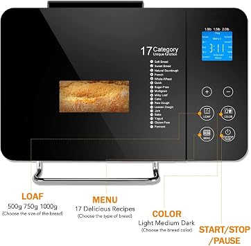Bread Maker Machine, Fully Automatic Bread Machine, 15-in-1 Automatic Nut Dispenser Pan Maker with Timer Delay, 1 Hour Warm, Stainless Steel & Non-Stick Ceramic Pan, Gluten Free