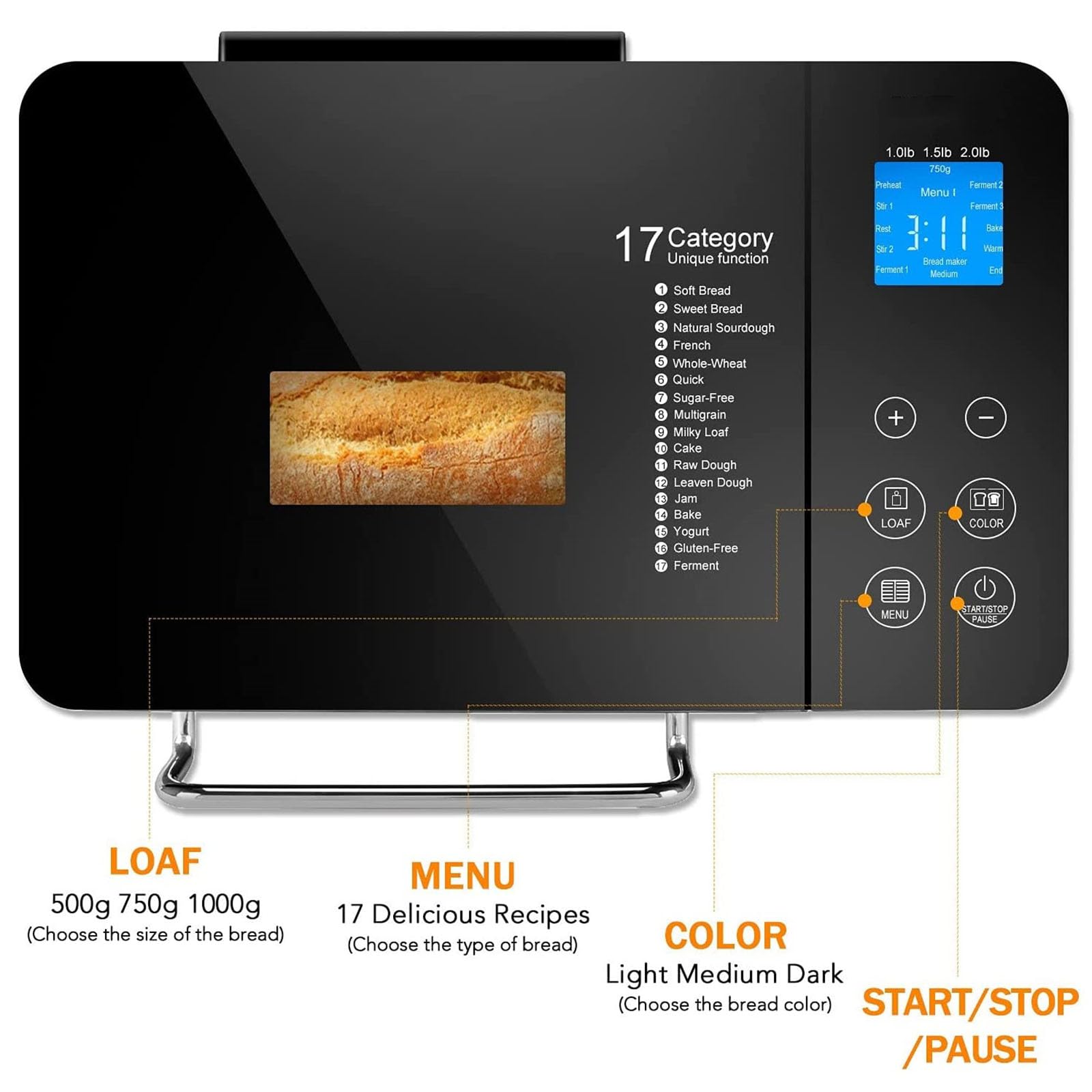 Máquina para Hacer Pan, máquina para Hacer Pan Completamente automática, dispensador automático de nueces 15 en 1, máquina para Hacer Pan con Temporizador de retardo, 1 Hora para Mantener Caliente