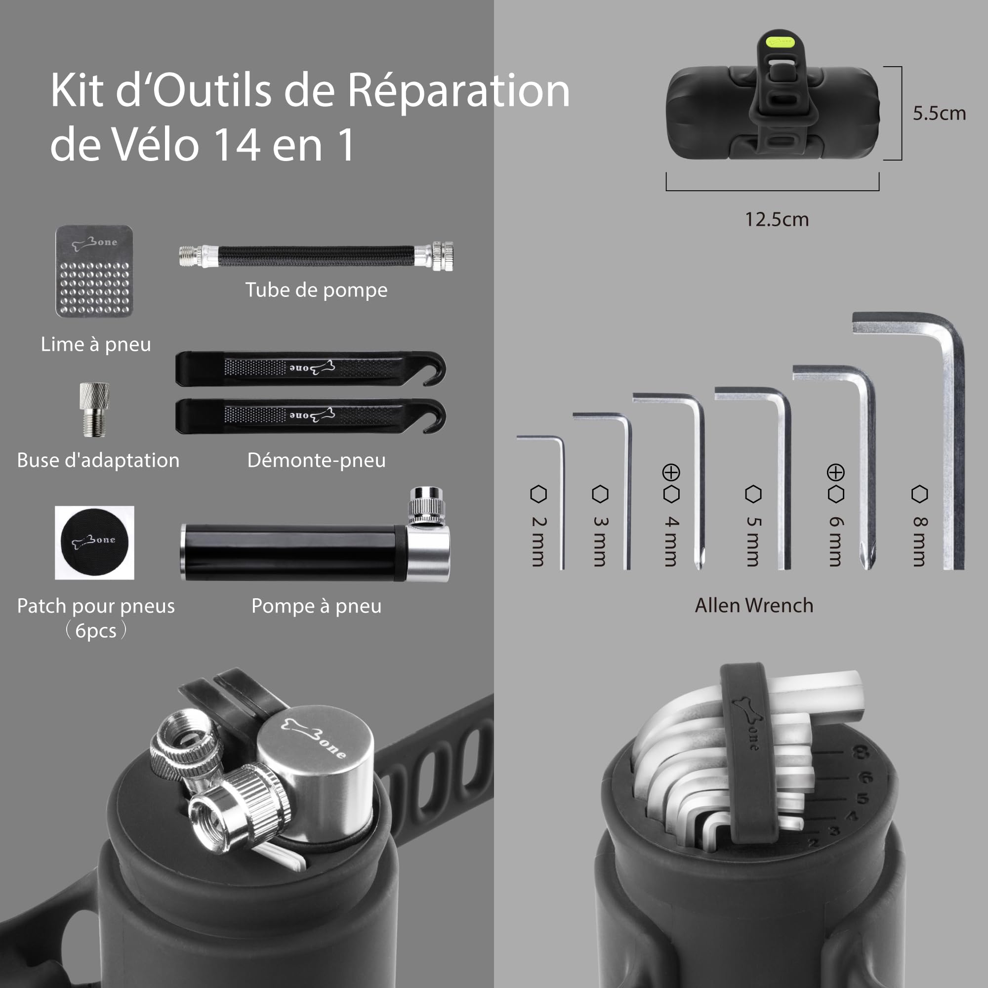 Kit Réparation Vélo 14-en-1 BONE Bike Portable Tool Kit avec Pompe et Clé – Capsule Étanche & Anti-Rayures – Accessoire Multifonction pour Vélo de Route, VTT et Vélo Électrique