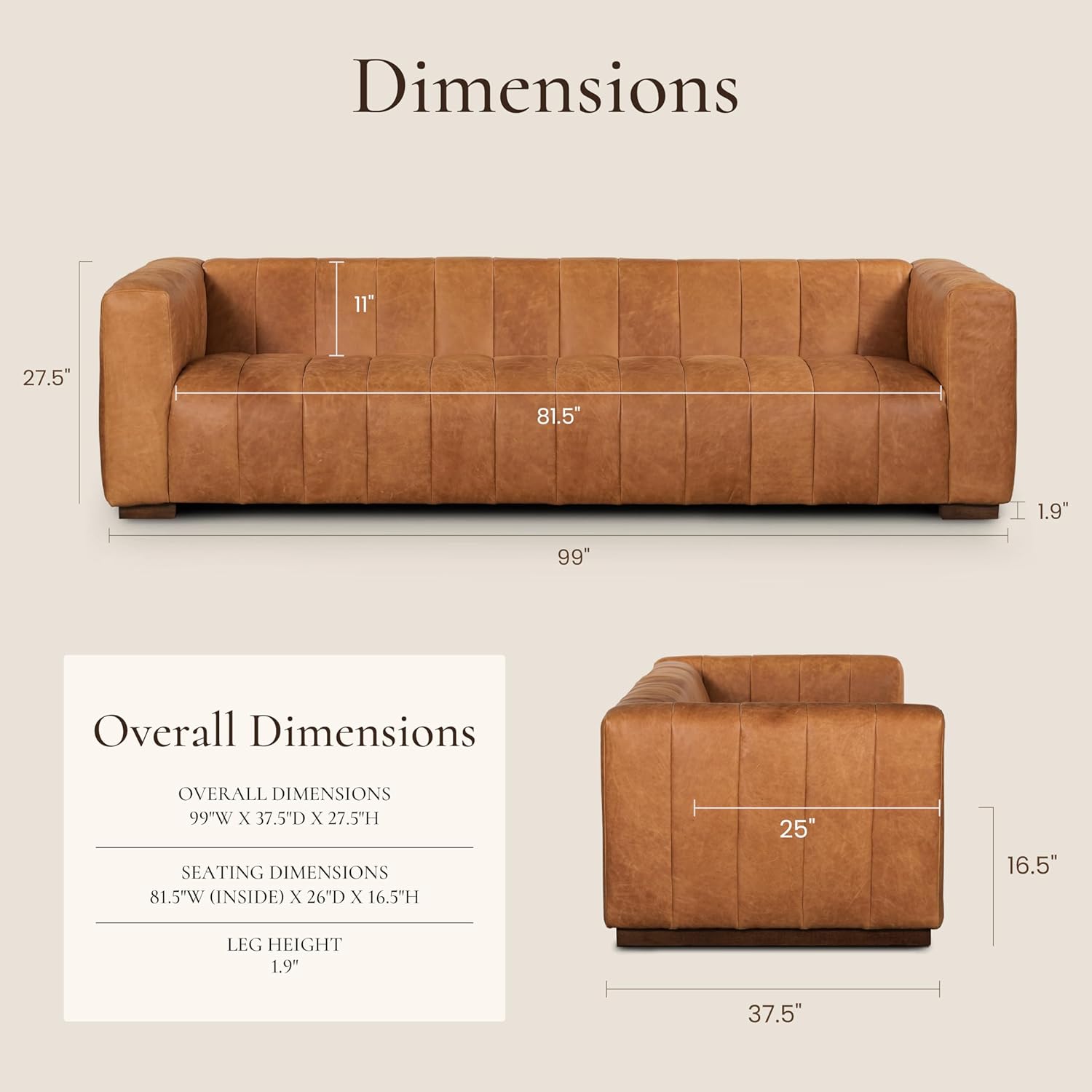 Poly & BARK Canale 99” Sofa – Modern 3-Seater Couch for Living Rooms – Performance Fabric Upholstery, High-Density Foam Cushions, Tapered Legs, Minimal Assembly – Cognac Tan