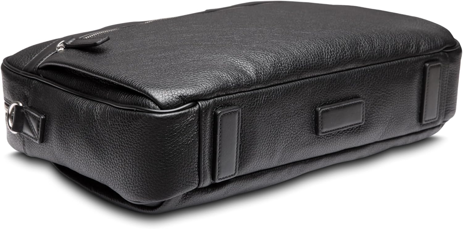 Bosca Leather Messenger Bag for Men Italian Pebble & Smooth Grained Leather - Fits 16" Laptop - RFID Blocking - Trolley Strap - Lightweight - Black
