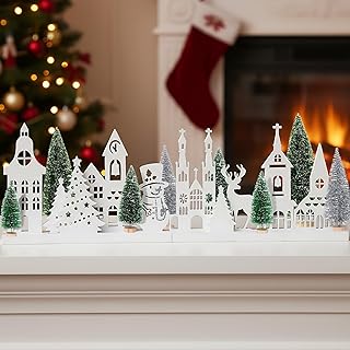 Kathfly 16 Pcs Christmas Village Set with White Base Christmas Village Houses Include Wooden Houses Tree Elk Cedar Pine and Snowmen Farmhouse Tabletop Decor for Decorative Signs Plaques Centerpieces