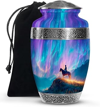 Horse Polo Cremation Urns for Human Ashes, Northern Lights Urns for Dad, 10inch Urn for Male/Female, Aurora Green Memorial Urn for Men/Women, Funeral for Mom, Decorative Box, Velvet Bag