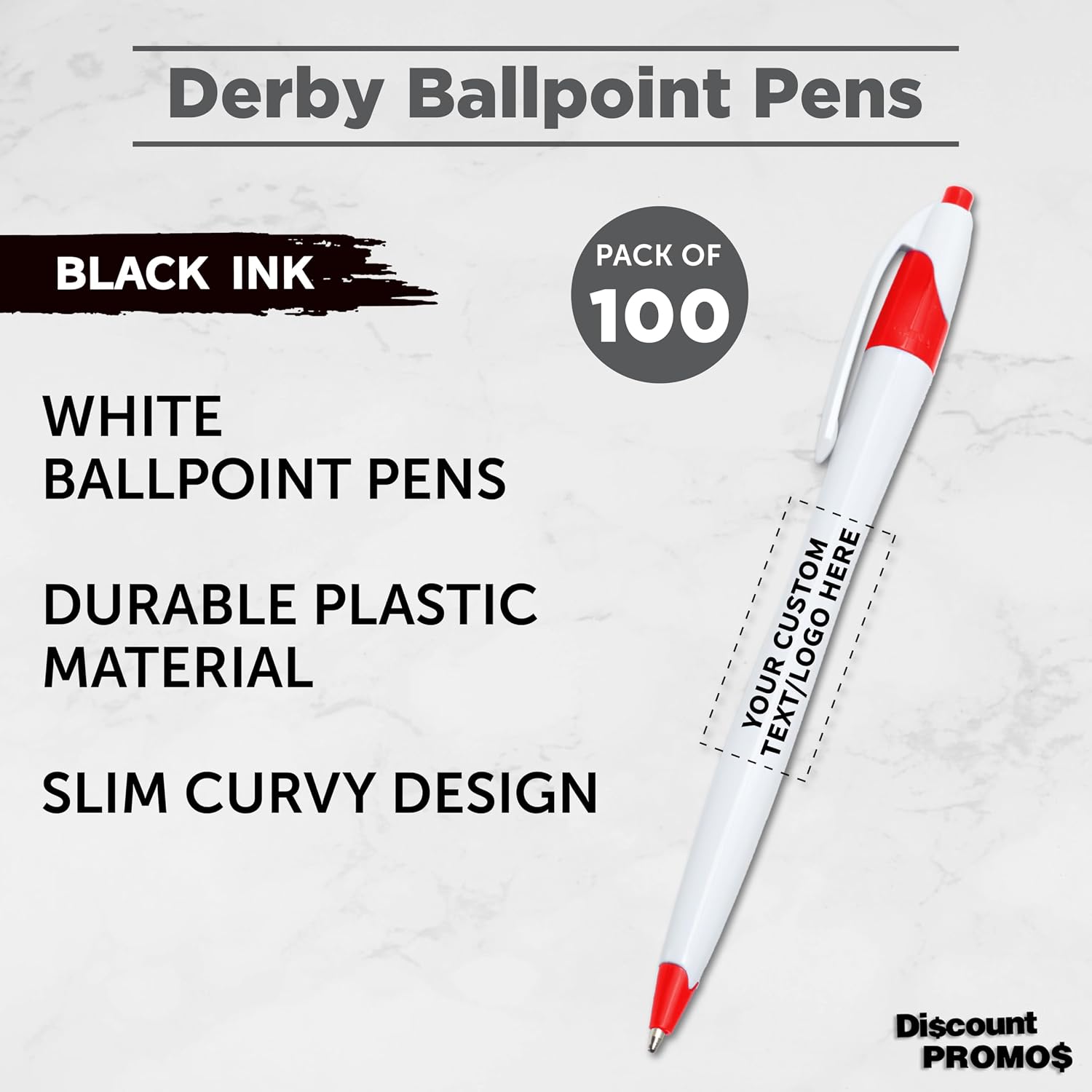 Personalized Ballpoint Pens Set of 10/50/100 by DISCOUNT PROMOS- Black Ink, Slim & Curvy Design, Retractable, Ideal for Office, Corporate Merchandise, Tradeshows- Red