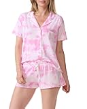 womens Splendid | 2pc Short Sleeve Notch Collar Pj Set | Washed Tie Dye Pink