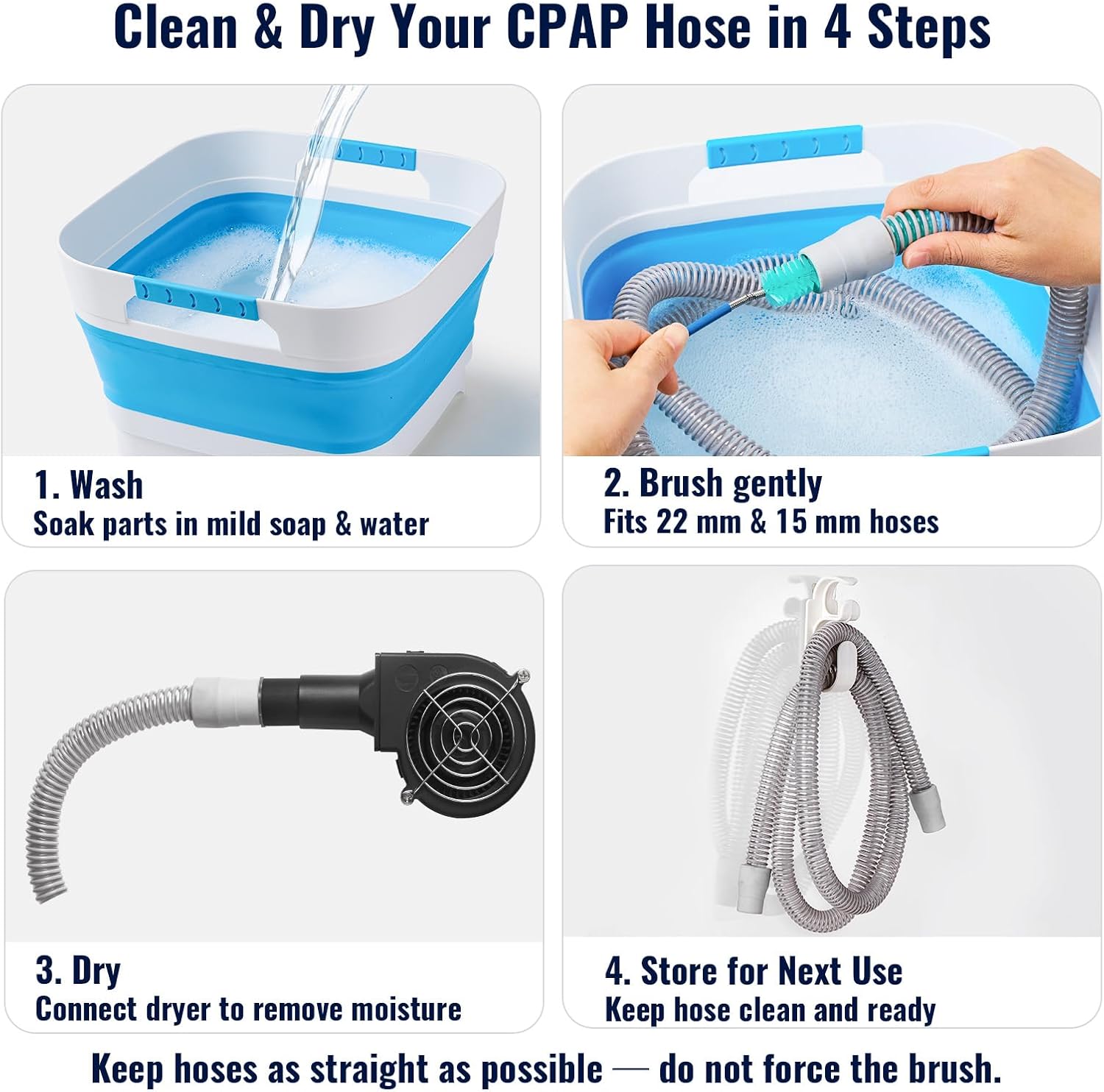 Complete CPAP Cleaning Kit with CPAP Hose Dryer, CPAP Dryer and Cleaning Supplies for 22 mm & 15 mm Tubing, CPAP Hose Cleaner Brush, Collapsible Wash Basin, and 2 Hooks (Ultra)