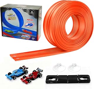 Flexible Race Track for Kids 15 Ft — Monster Truck Tracks Track with 4 Die-Cast Cars & 8 Suction Cups — Flex Track Compatible with Hot Wheels & 1:64 Cars — 3+ (Orange)