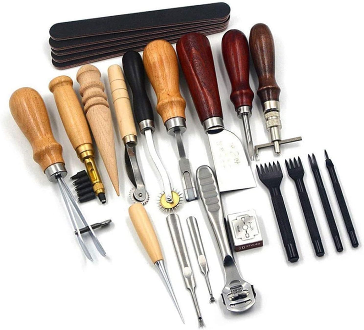 HERCHR 19Pcs Leather Working Tools, Leathercraft Stitching Carving Punching Cutting Sewing Kit, Handmade Leather Craft Supplies Repair & DIY Projects for Beginners Professionals