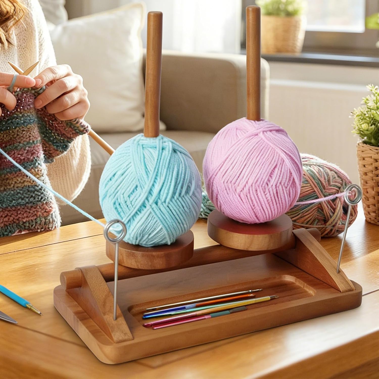 Dual Spindle Yarn Holder - Wooden Rotating Yarn Spinner for Knitting and Crocheting, Detachable Rods for Two Large 1LB Skeins, Stable Square Base with Tool Storage, Smooth 360° Rotation Organizer
