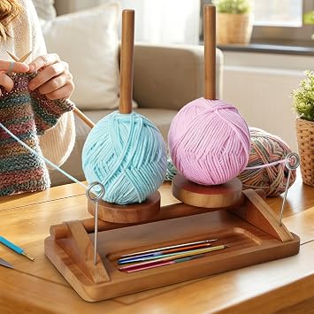 Dual Spindle Yarn Holder - Wooden Rotating Yarn Spinner for Knitting and Crocheting, Detachable Rods for Two Large 1LB Skeins, Stable Square Base with Tool Storage, Smooth 360 Rotation Organizer