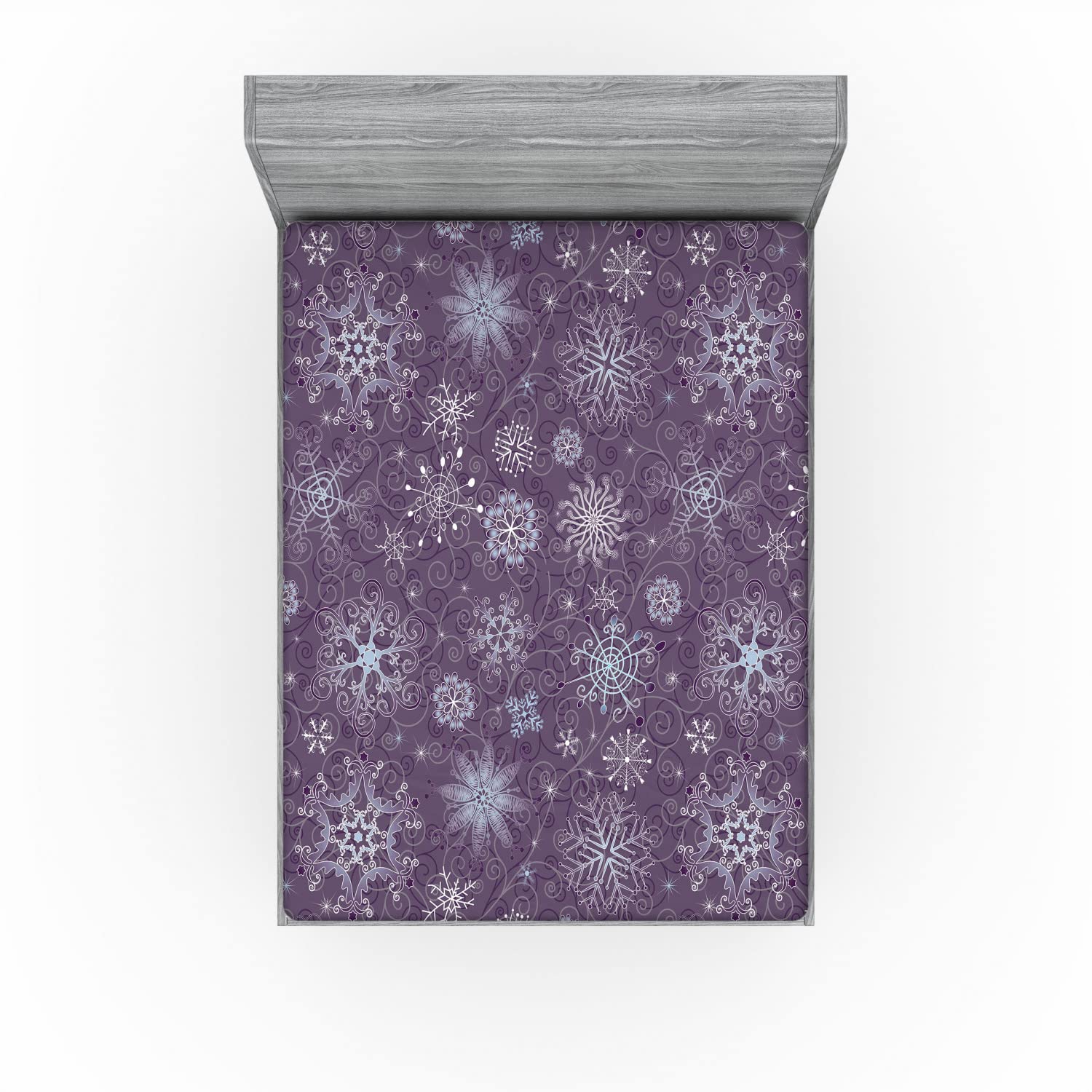 Ambesonne Eggplant 2 Pack Fitted Sheet, Xmas Snowflakes Floral, Bed Cover All-Round Elastic Deep Pockets 2 Pieces, Package Contains 2 Queen Size Fitted Sheets, Violet White