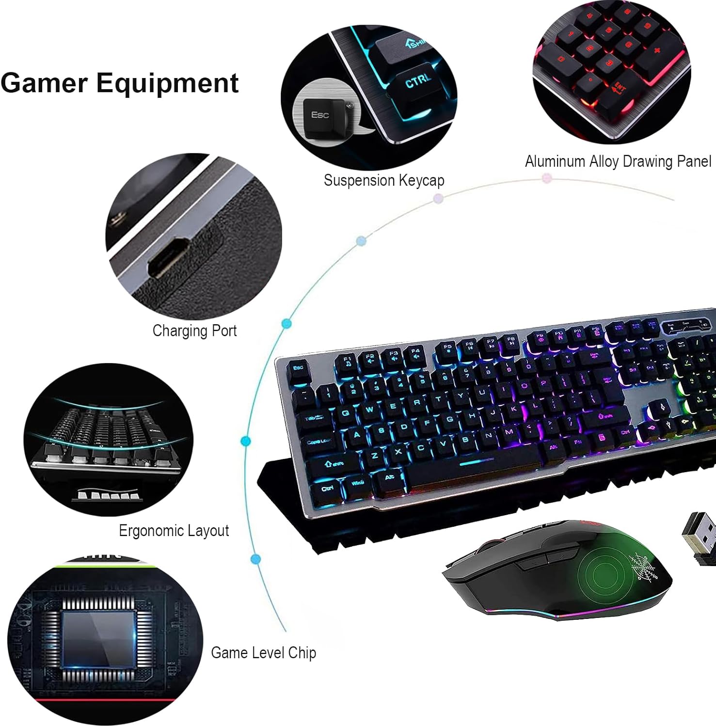 MK500 Wireless Keyboard and Mouse Combo, Ergonomic Full Size Antighosting Multimedia Keys with Optical Backlit Mice, 2.4G Rechargeable RGB Gaming Office Set for PC Laptop Computer Desktop (Black)
