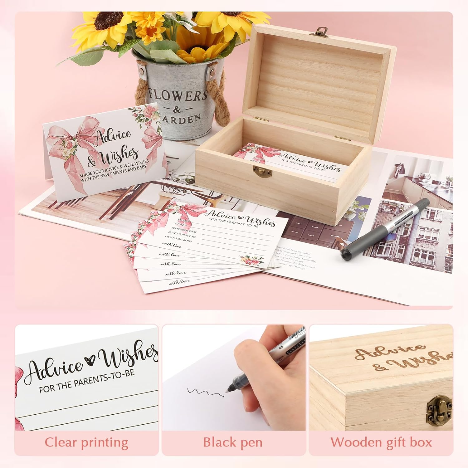 50 PCS Pink Bow Baby Shower Advice Cards, Advice and Wishes Cards with Box and Pen for New Parents Baby Showers, Party Decor Gifts for New Mom Dad