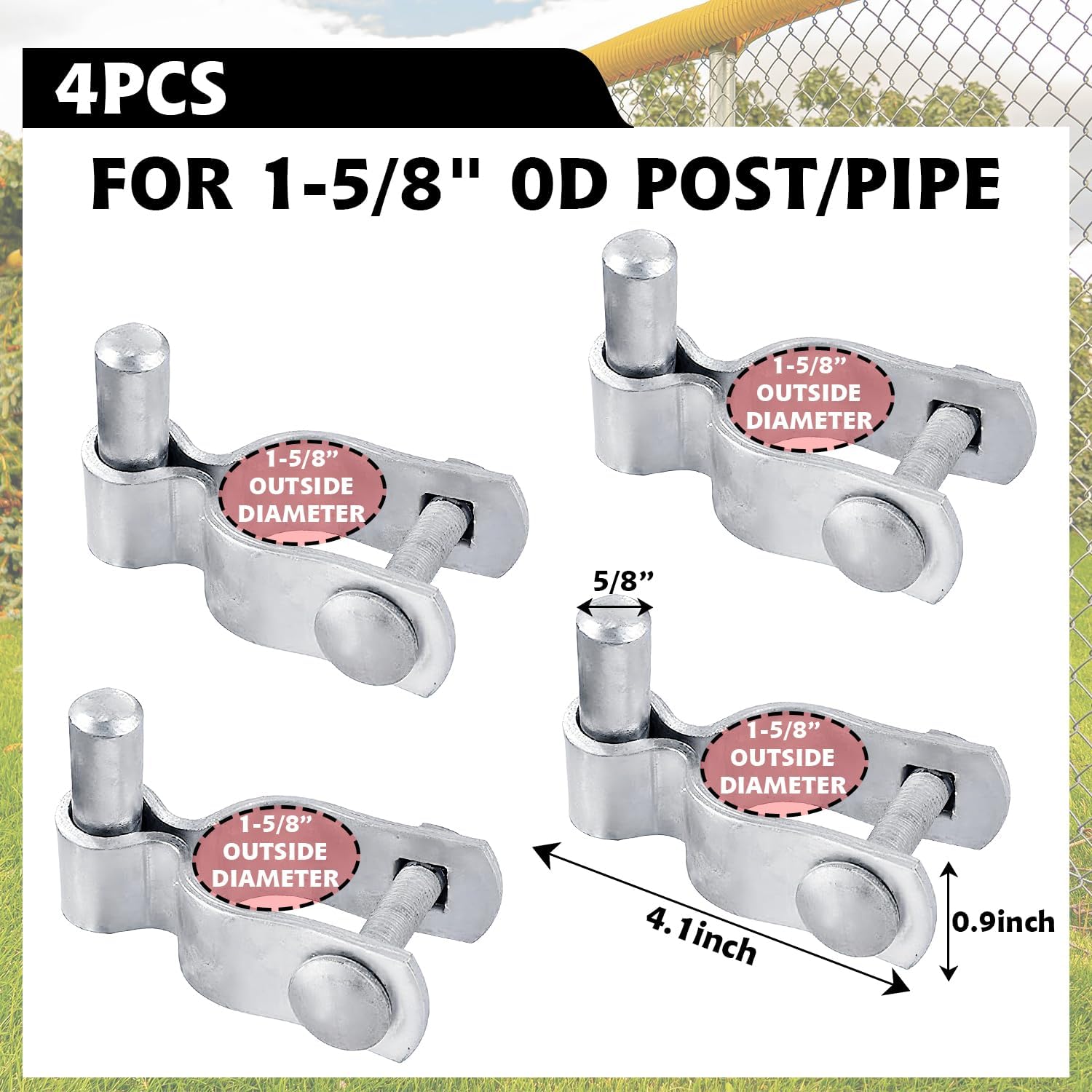 1-5/8" Chain Link Fence Frame Gate Post Male Hinge, Pack of 4, Galvanized Steel Gate Hinge for Fence Posts, Bolts & Nuts Included