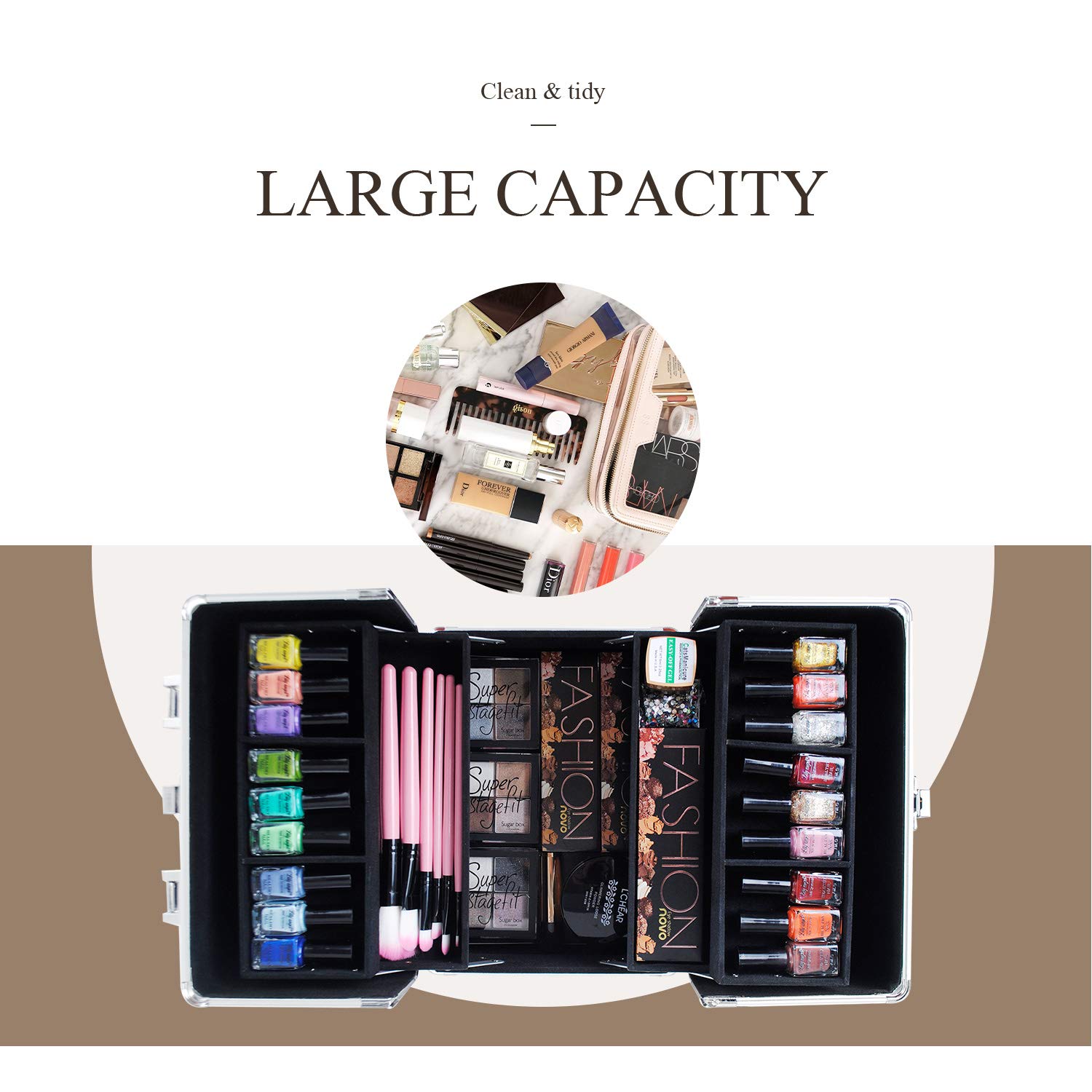 Maletín Maquillaje Cuero de Cocodrilo Maletín Maleta de Makeup y 4 Tarias Estuche Cosméticos Organizador Estuche de Uñas Beauty Case de Viaje Joyero y Manicura para Mujer Profesional, Nergo
