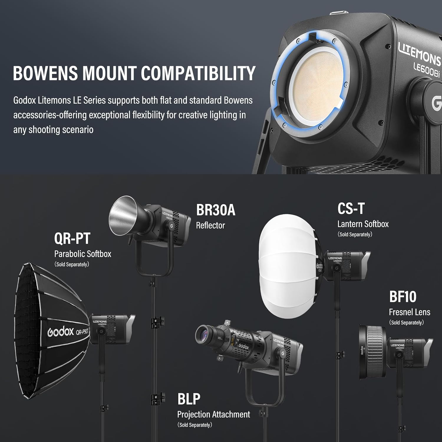 Godox Litemons LE600Bi 610W Bi Color COB LED Video Light, Professional Bowens Mount Studio Continuous Video Light CRI/TLCI 98+ 113000 Lux@1m APP DMX Control Ultra Quiet for Video Recording（Black）