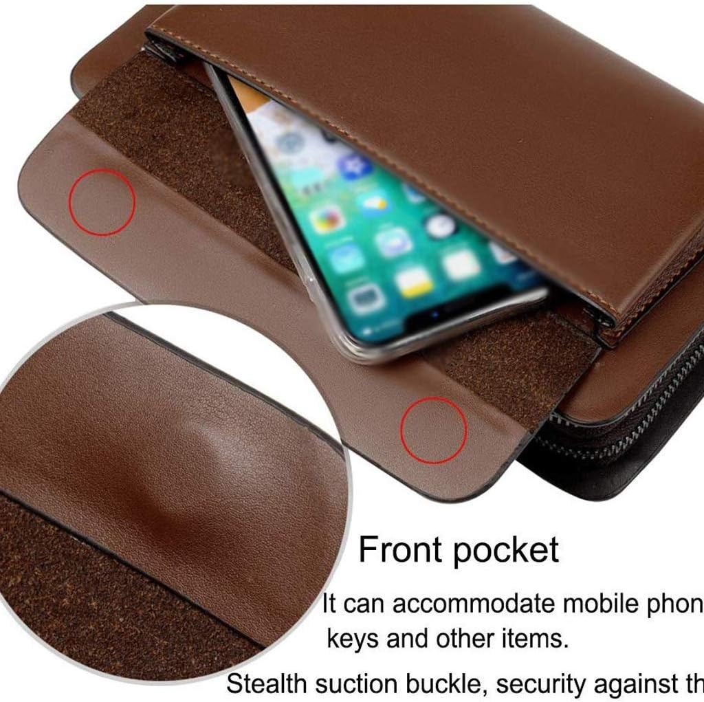 Brown Men's Clutch，Leather Bag Handbag Organizer Checkbook Wallet Card Case with Zipper Wristlet