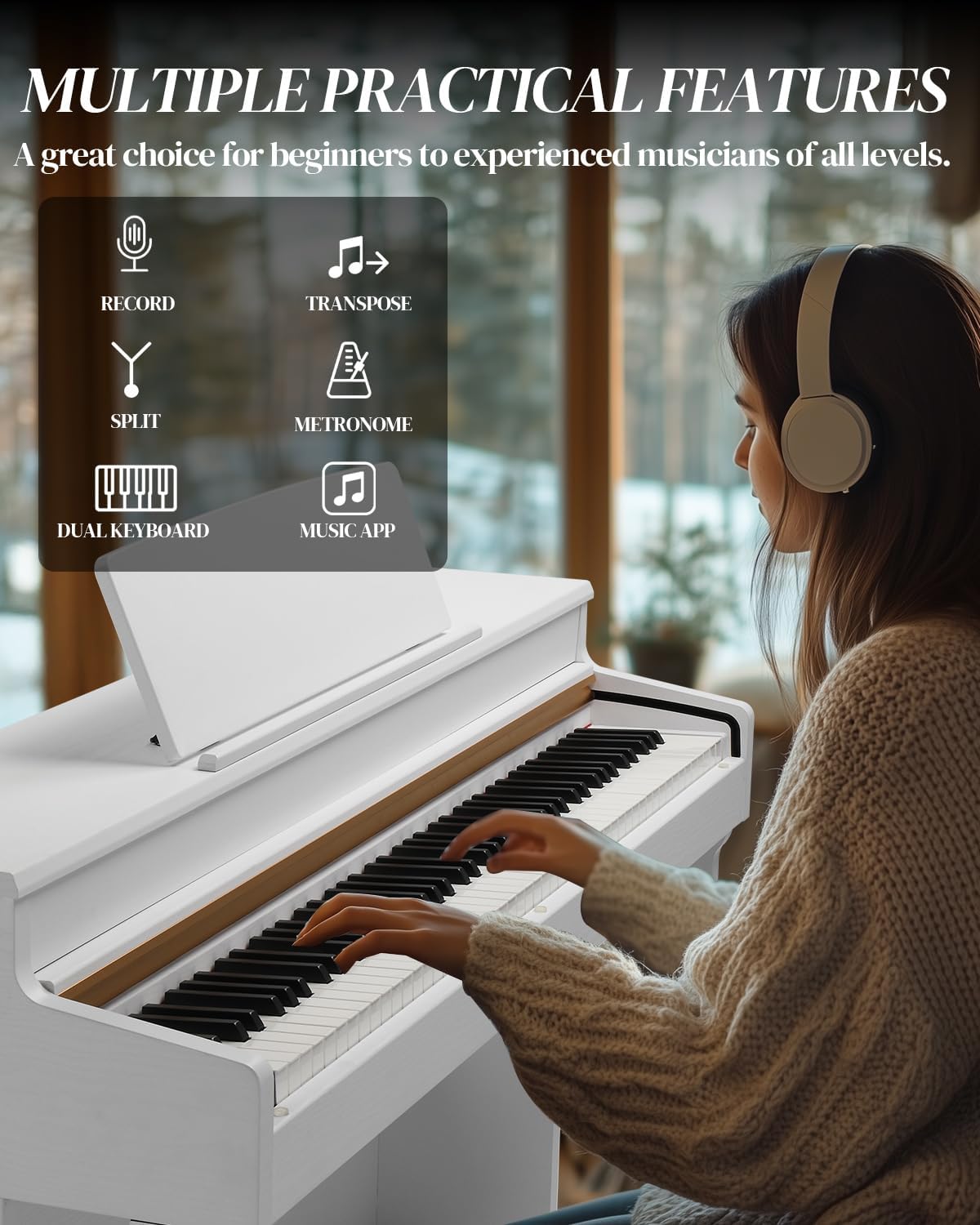 Ktaxon 88 Key Weighted Keyboard, Piano Keyboard with 4 Graded Hammer Action, Record, Transpose, Split, Metronome, Dual Keyboard, Digital Piano with Full Equipment for Beginner(White)