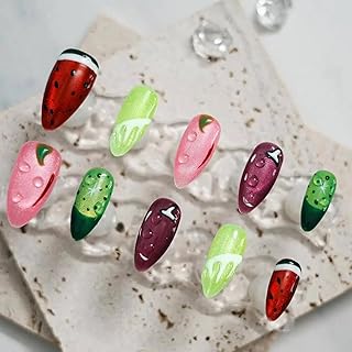 Fruit Press on Nails Medium Almond - Cat Eye Effect with Hand-painted Watermelon Lemon & 3D Water Drop Cute Edgy Style, Thick Acrylic and Muti-Layer Gel False Nails (Fruit Party, M)