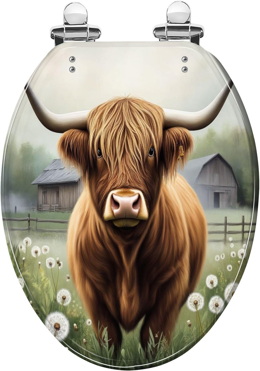 Elongated Toilet Seat Farmhouse Teal Brown Rustic Cow Dandelion Highland Cow Dandelions Farm Slow Close Soft Close Strong Stainless Steel Hinges Resin Toilet Seat Replacement Bathroom Accessories