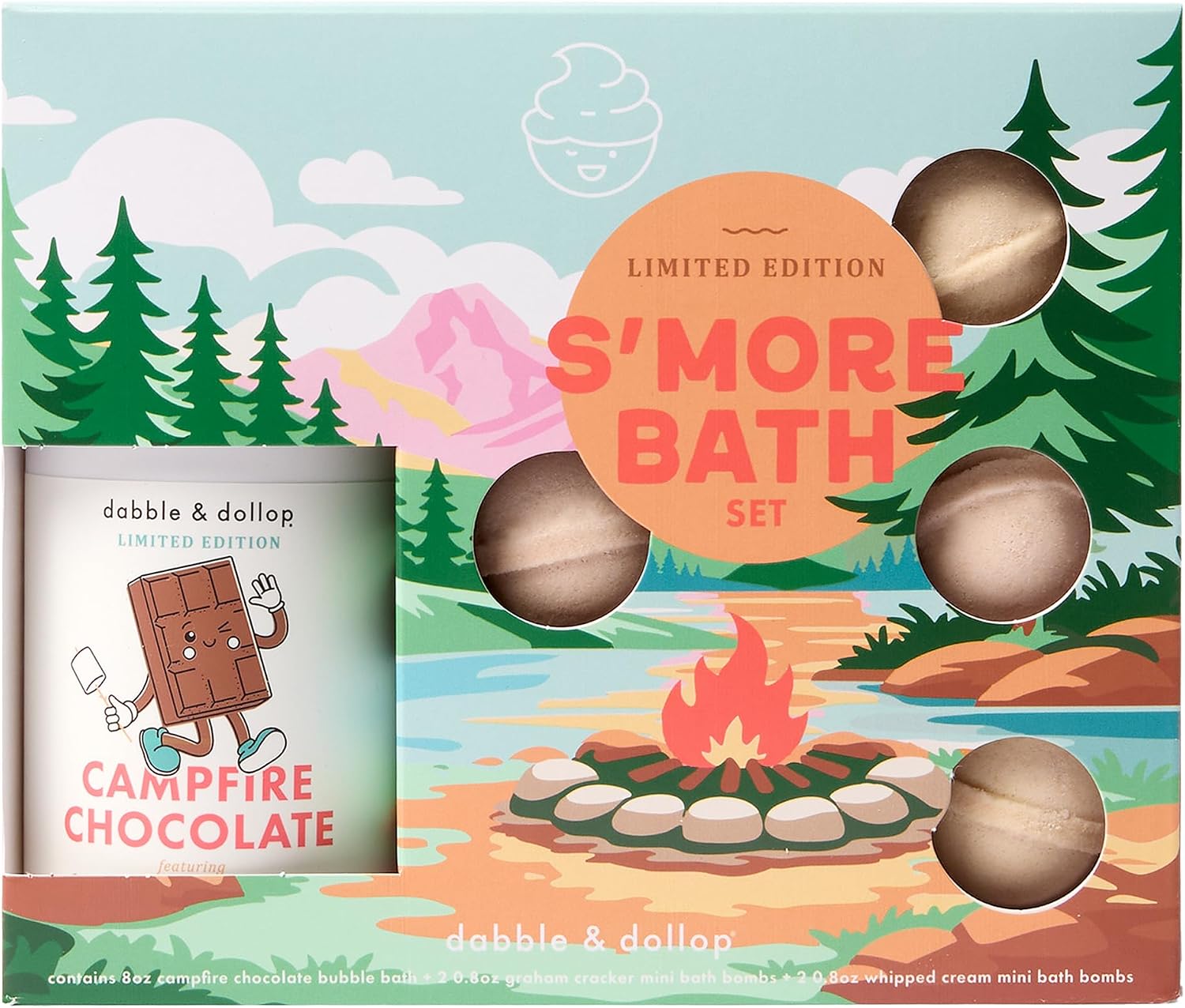 Dabble & Dollop S’Mores Bath Set - Kids Bath Bombs Gift Set with Tear-Free Chocolate 3-in-1 Shampoo, Body Wash & Bubble Bath + Marshmallow & Graham Bath Bombs – Gentle for Sensitive Skin (5-Piece)
