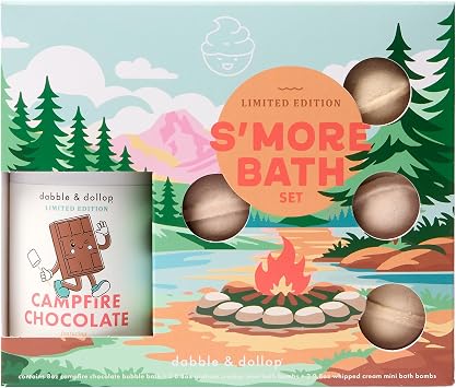 Dabble & Dollop SMores Bath Set - Kids Bath Bombs Gift Set with Tear-Free Chocolate 3-in-1 Shampoo, Body Wash & Bubble Bath + Marshmallow & Graham Bath Bombs Gentle for Sensitive Skin 5-Piece