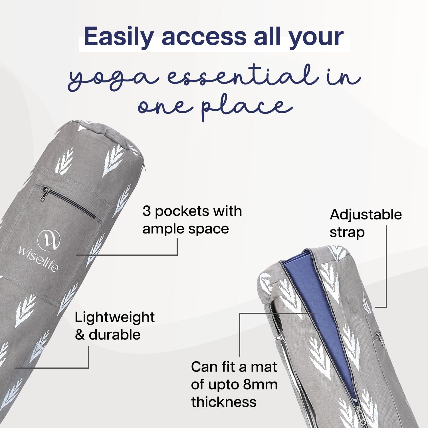 Wiselife Yoga Mat Bag Premium Carry Bag, Full Easy Access Zip, Multi Functional Storage Pockets & Adjustable Shoulder Strap (Grey Ikkat) 1