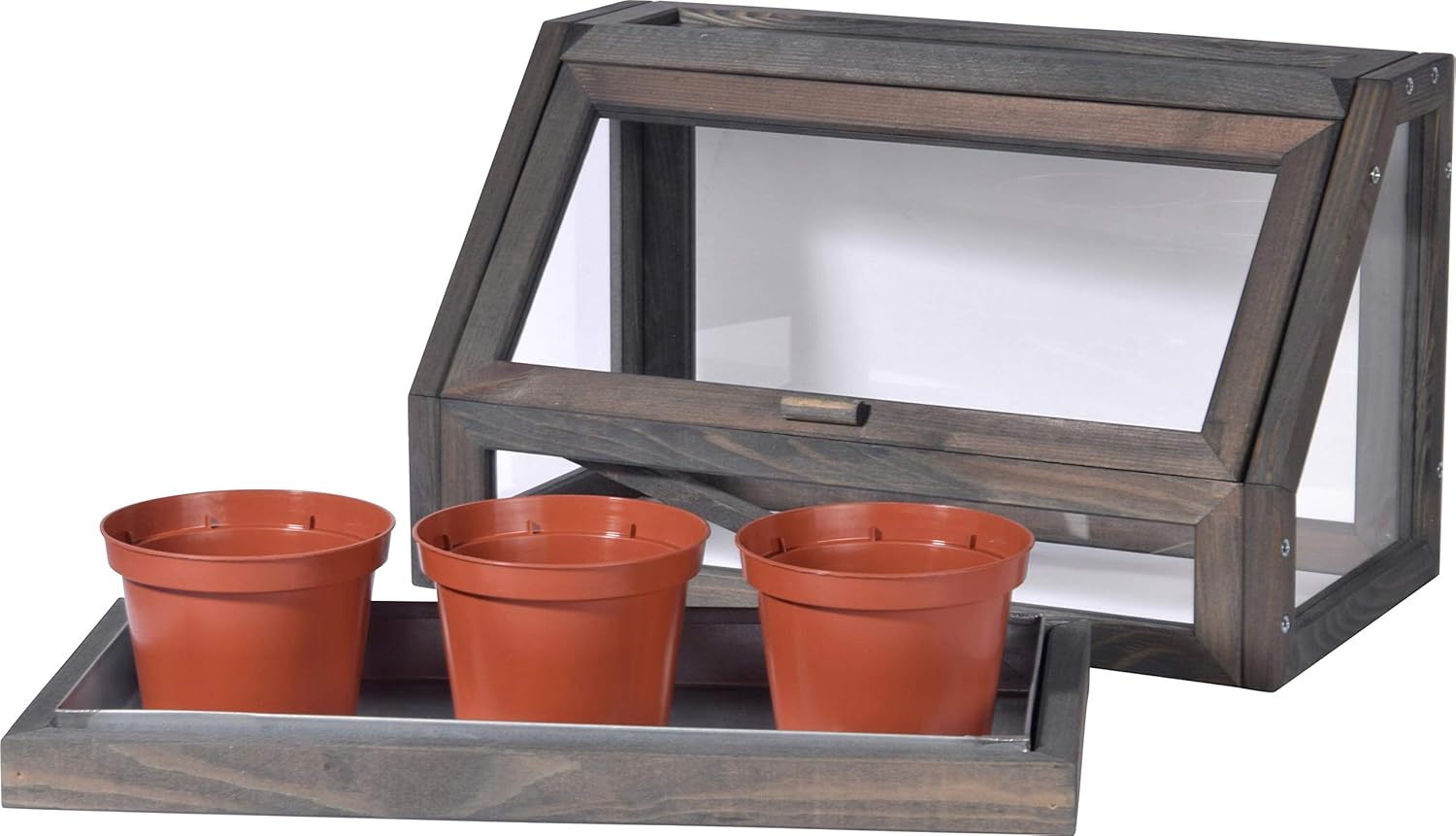 dobar® 29168FSCe Mini Design Greenhouse | Solid Wood Cold Frame Including 3 Pots | Small Greenhouse for Windows | Cold Frame for Young Plants and Herbs | 38 x 20 x 24.5 cm | Anthracite