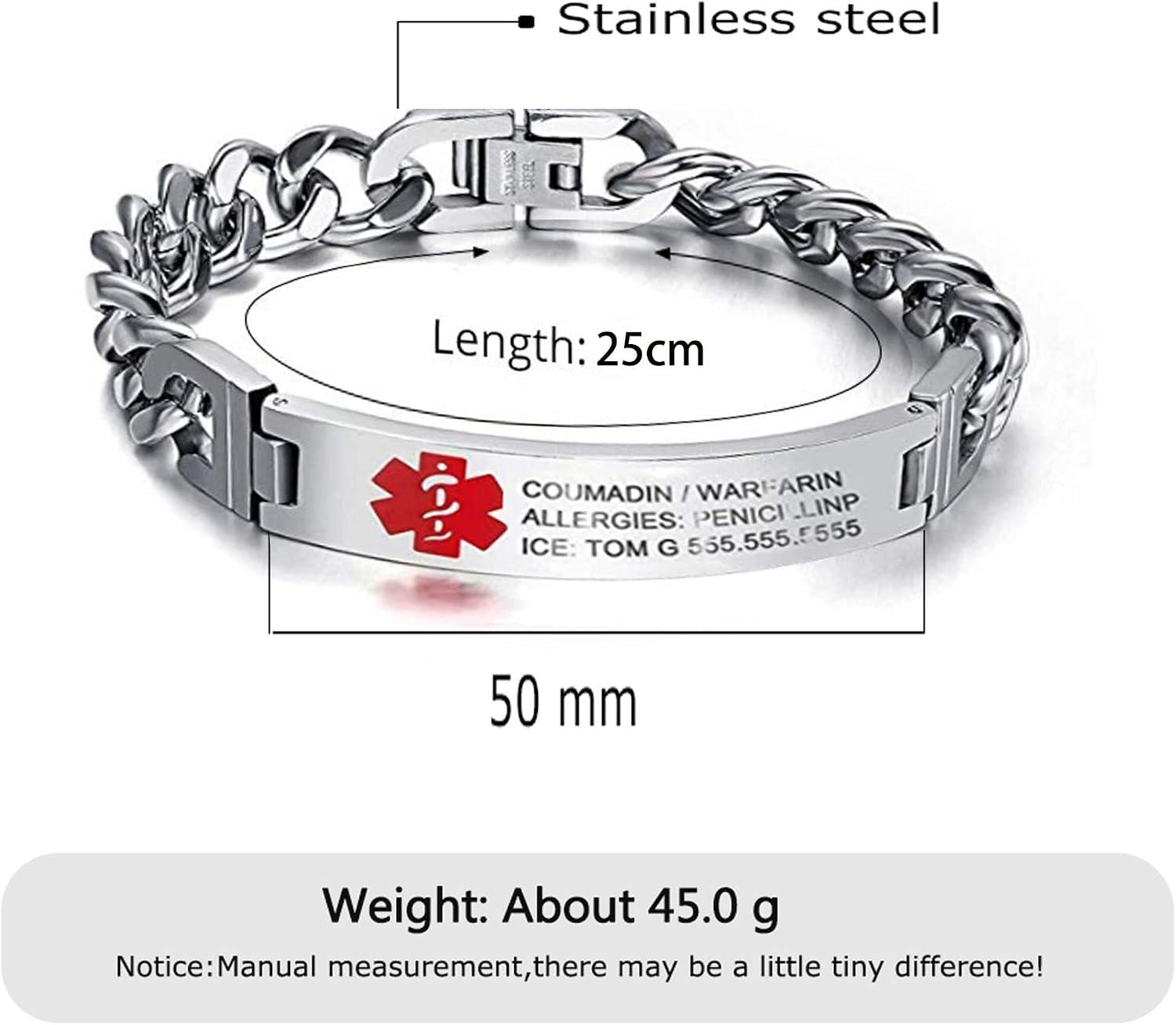 Custom Medical Alert Bracelet Engraved Emergency ID Stainless Steel Bracelets for Adults Men Women 7.5-8.5-9.8 Inch