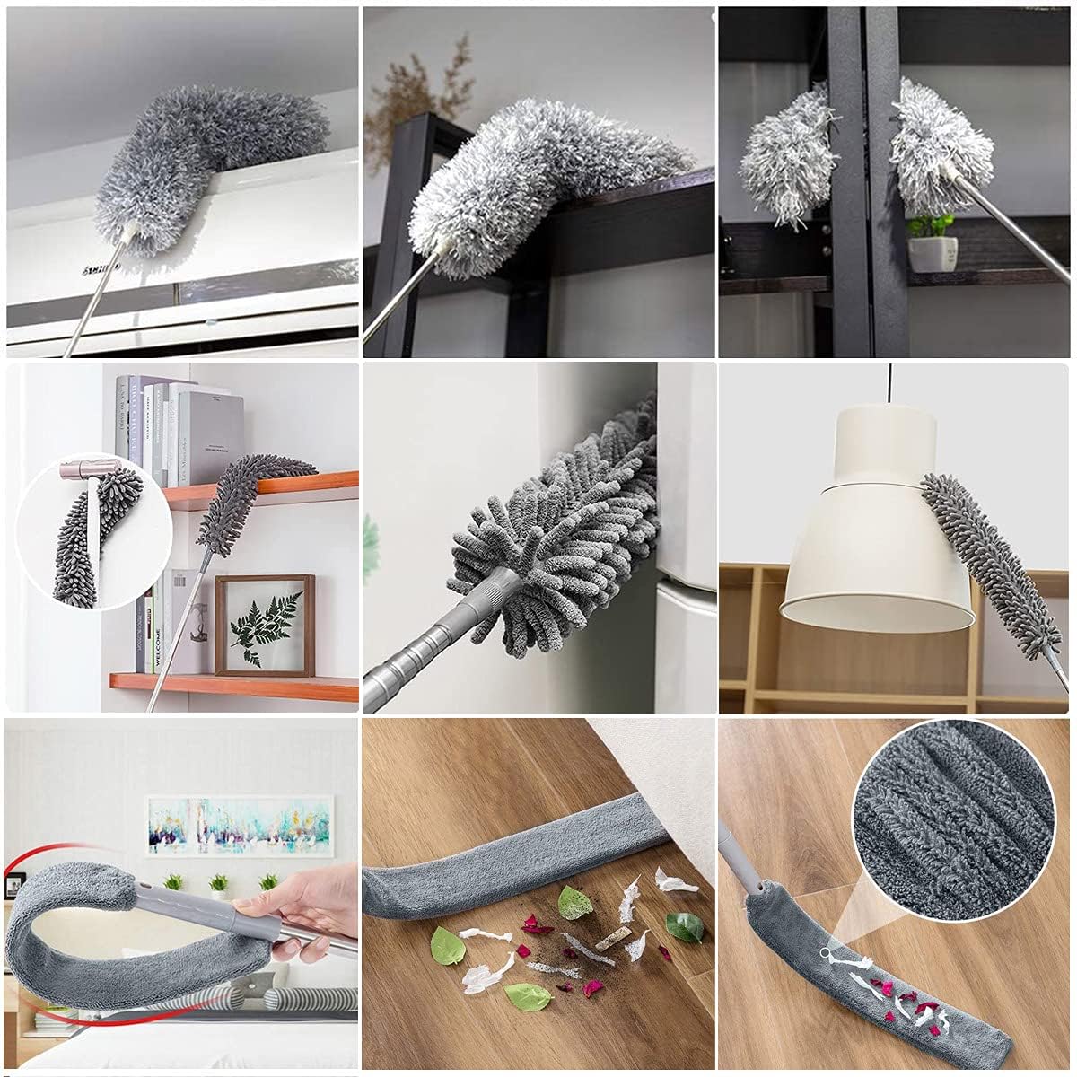 HEOATH 5PCS High Reach Dusting Kit with Extension Pole(30-100 inch), Microfiber Feather Dusters, Cobweb Brush, Ceiling Fan Duster, Non-Scratch, Bendable, Washable, Thicker Pole
