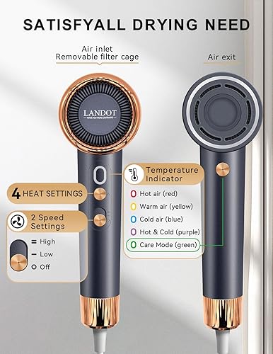 Miniatura 5 de Secador de pelo iónico para secado rápido y bajo nivel de ruido Secador de pelo LANDOT con motor sin escobillas de alta velocidad de 110000 RPM y