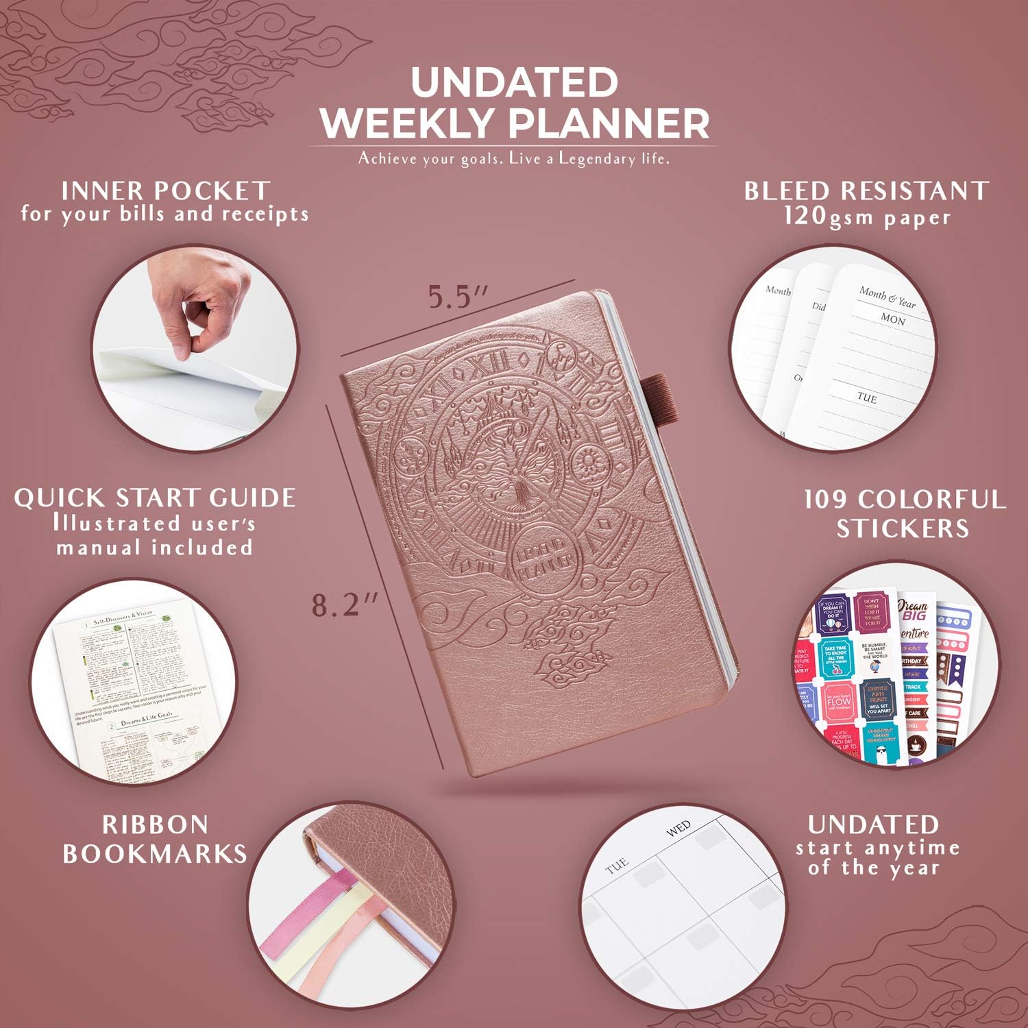 Legend Planner – Deluxe Weekly & Monthly Life Planner to Hit Your Goals & Live Happier. Organizer Notebook & Productivity Journal. A5 Hardcover, Undated – Start Any Time + Stickers – Rose Gold : Office Products
