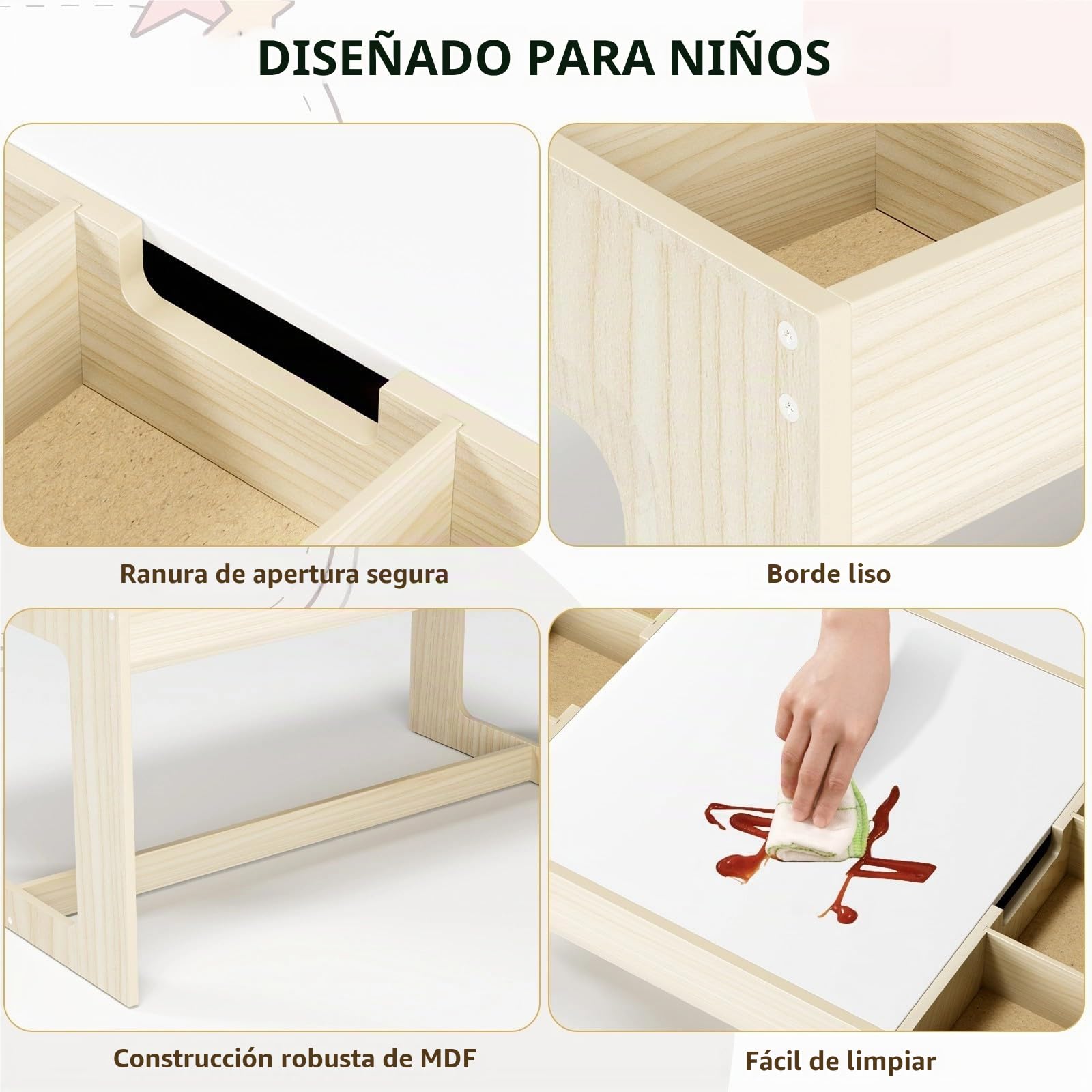 Mesa y Silla Infantil con Espacio de Almacenamiento, Mesa Infantil con 2 Sillas, Mesa Infantil con Sillas con Tablero Reversible, para Colegio, Guardería, para + 3 Años, Habitación Infantil (Blanco)