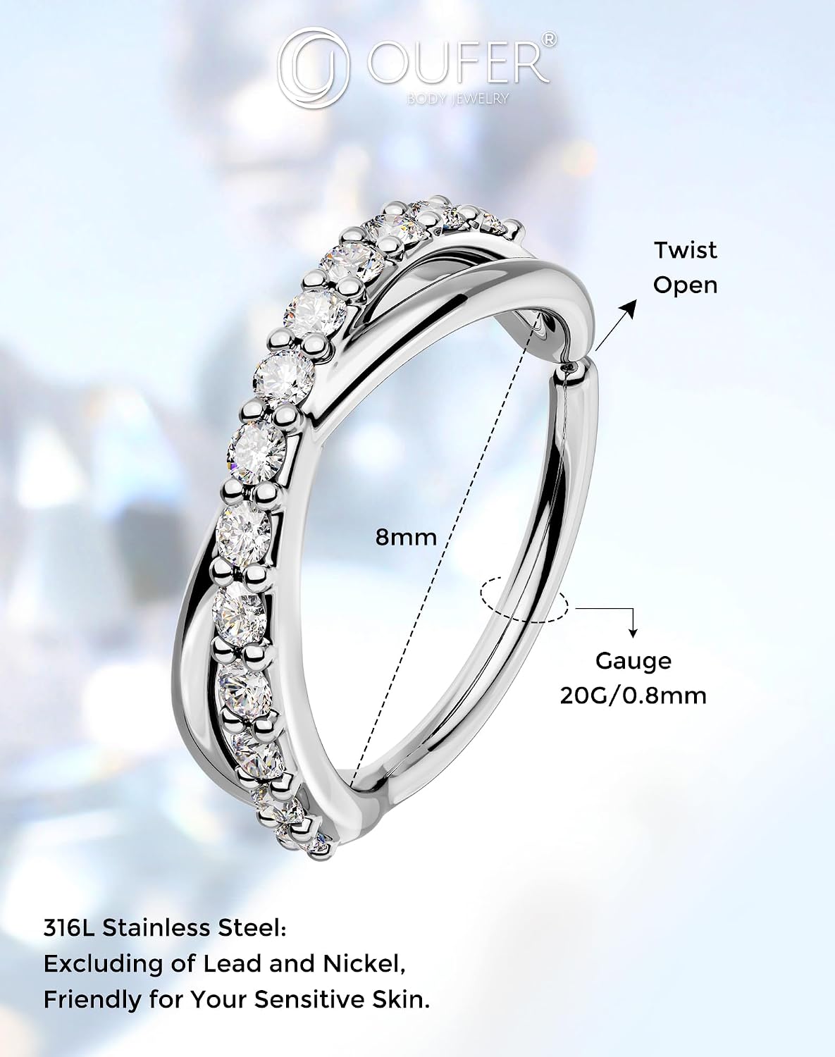 OUFER Nose Rings Silver, 20G Double Hoop 8MM Nose Rings, Seamless Stainless Steel Rook Daith Piercing Jewelry for Women & Men