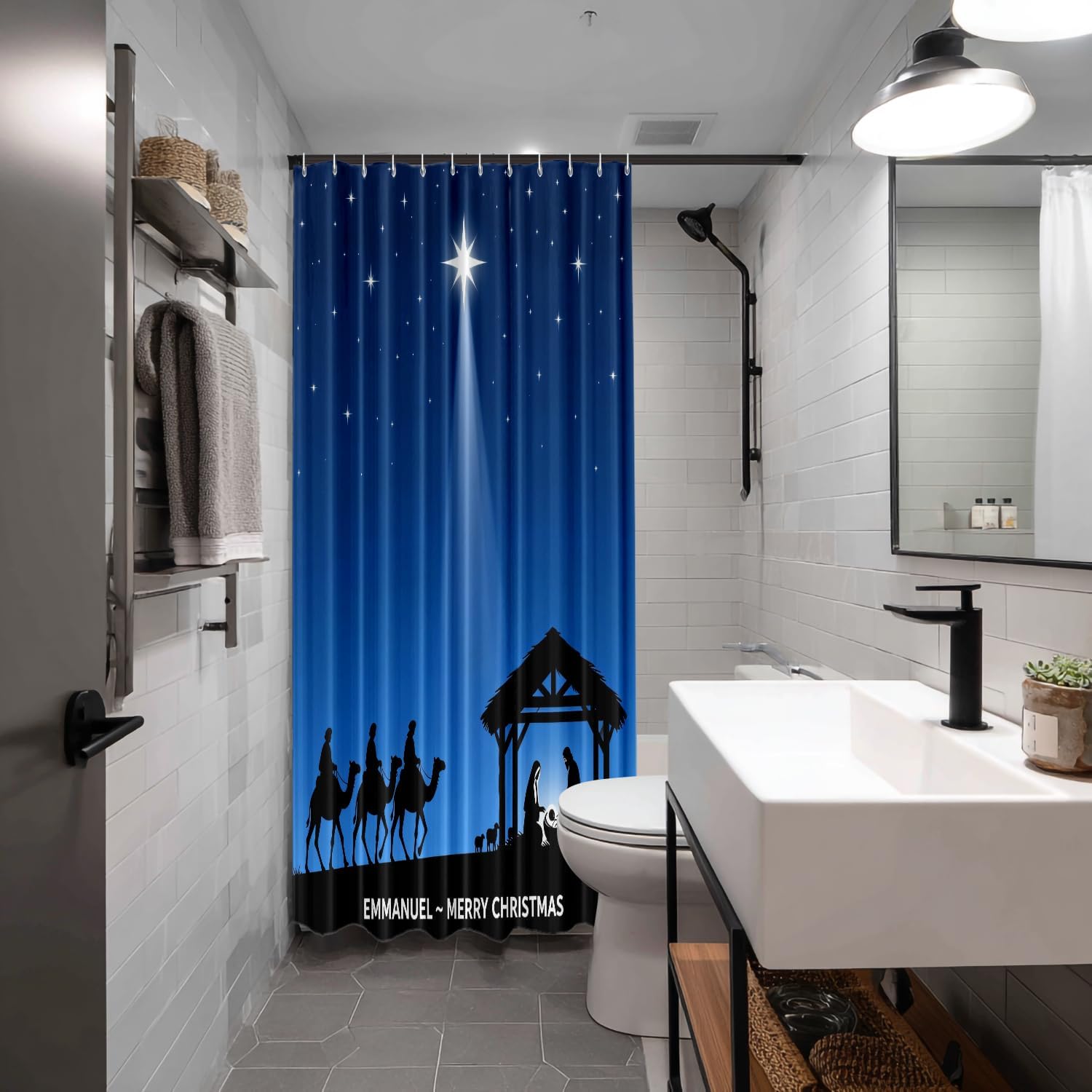 Batmerry Blue Christian Christmas Decor Shower Curtain,Baby Bathroom Decor Polyester Fiber Plastic Rings Quick-Drying Waterproof for Bathtubs/Bathroom, 72x72 inches