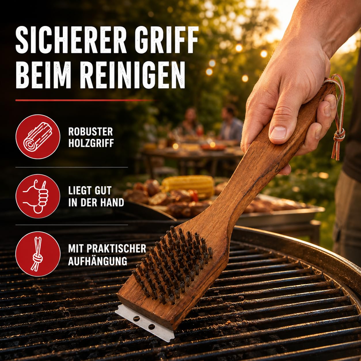 Kyto Cepillo de Limpieza para Barbacoa, Mango de Madera, 31 cm, Accesorio para Barbacoa, Cepillo de Acero, para barbacoas y ahumadores