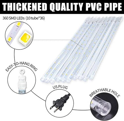 Miniatura 5 de Luces de lluvia de meteoros LED impermeables en cascada, 10 tubos, 12 pulgadas, 360 LED, para exteriores, árbol de Navidad, fiesta, boda, patio