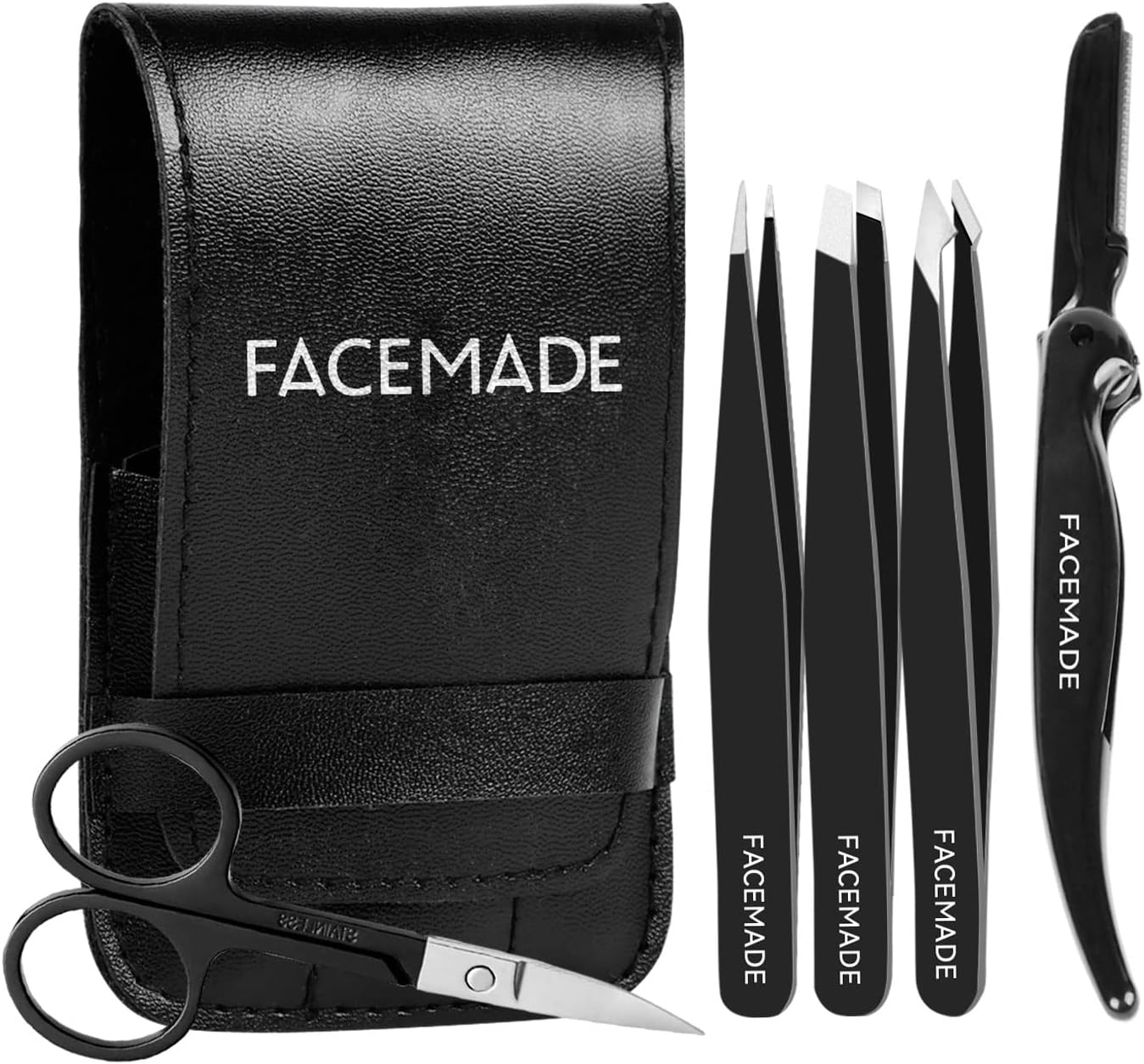 FACEMADE Tweezers Set with Scissor, Eyebrow Tweezers for Women and Men, Professional Stainless Steel Tweezers with Travel Case for Facial Hair, Splinter and Ingrown Hair Removal (Black)