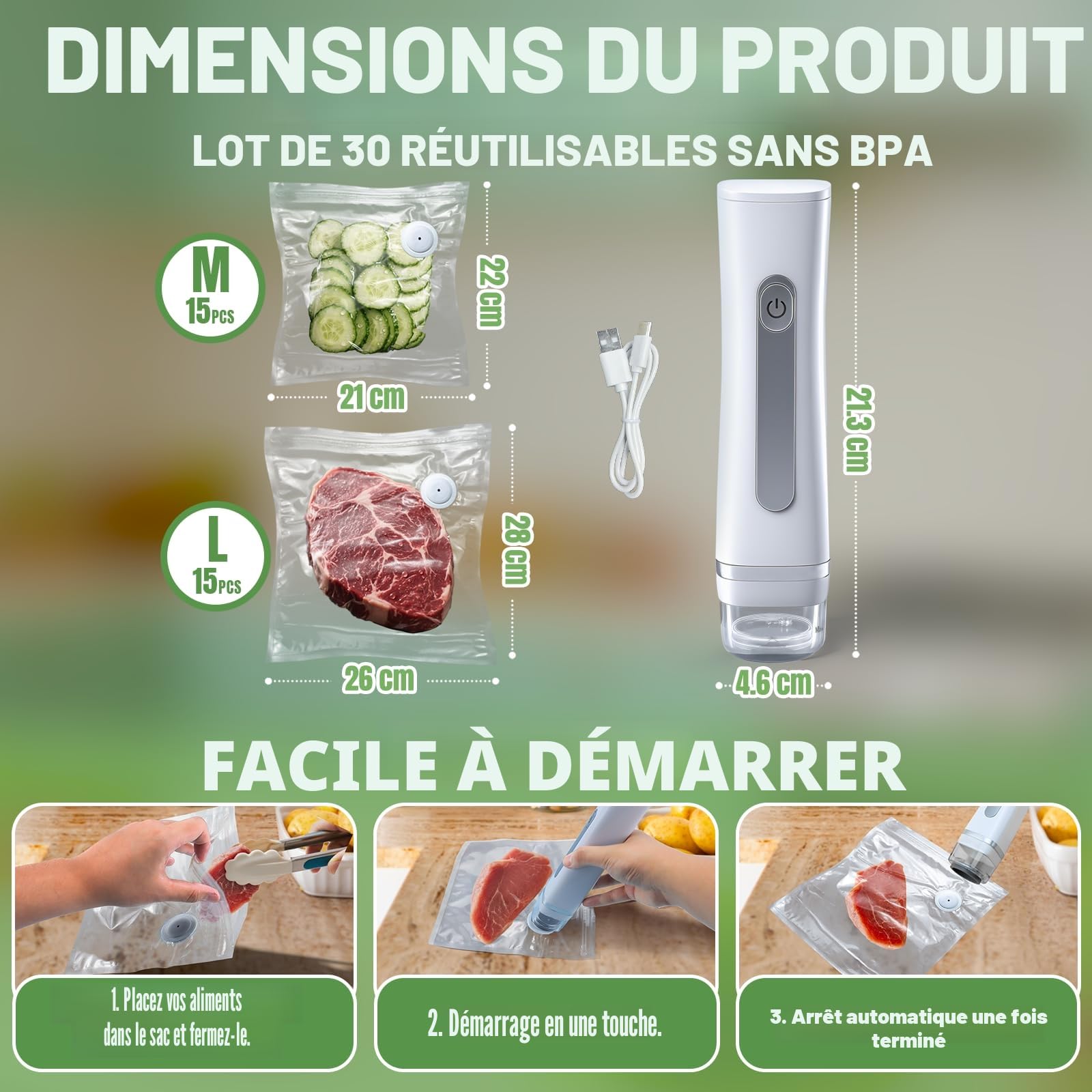 Appareil de Mise Sous Vide Compact Manuel pour Aliments,Scelleuse Portable avec 30 Unité Sachets Réutilisables | Scelleuse Mini pour Conservation,Appareil de Préservation Chef Compact