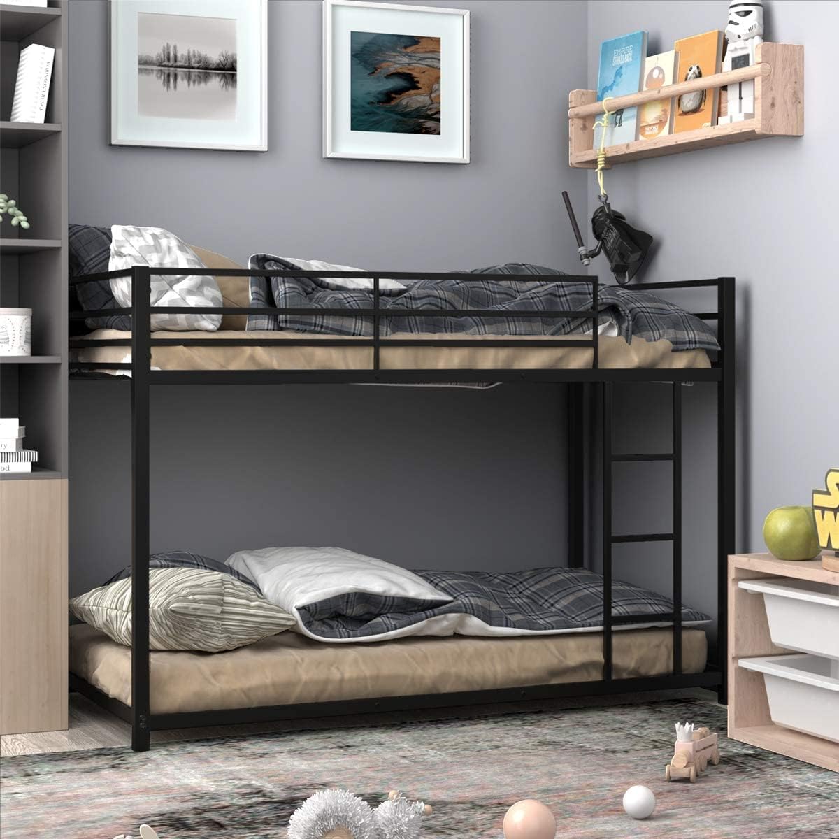 DORTALA Bunk Bed Twin Over Twin, Twin Bunk Beds w/Guardrail & Ladder, Metal Bunk Bed for Dormitory & Multiple-Child Family, Twin Bunk Beds for Toddler, Kids, Black