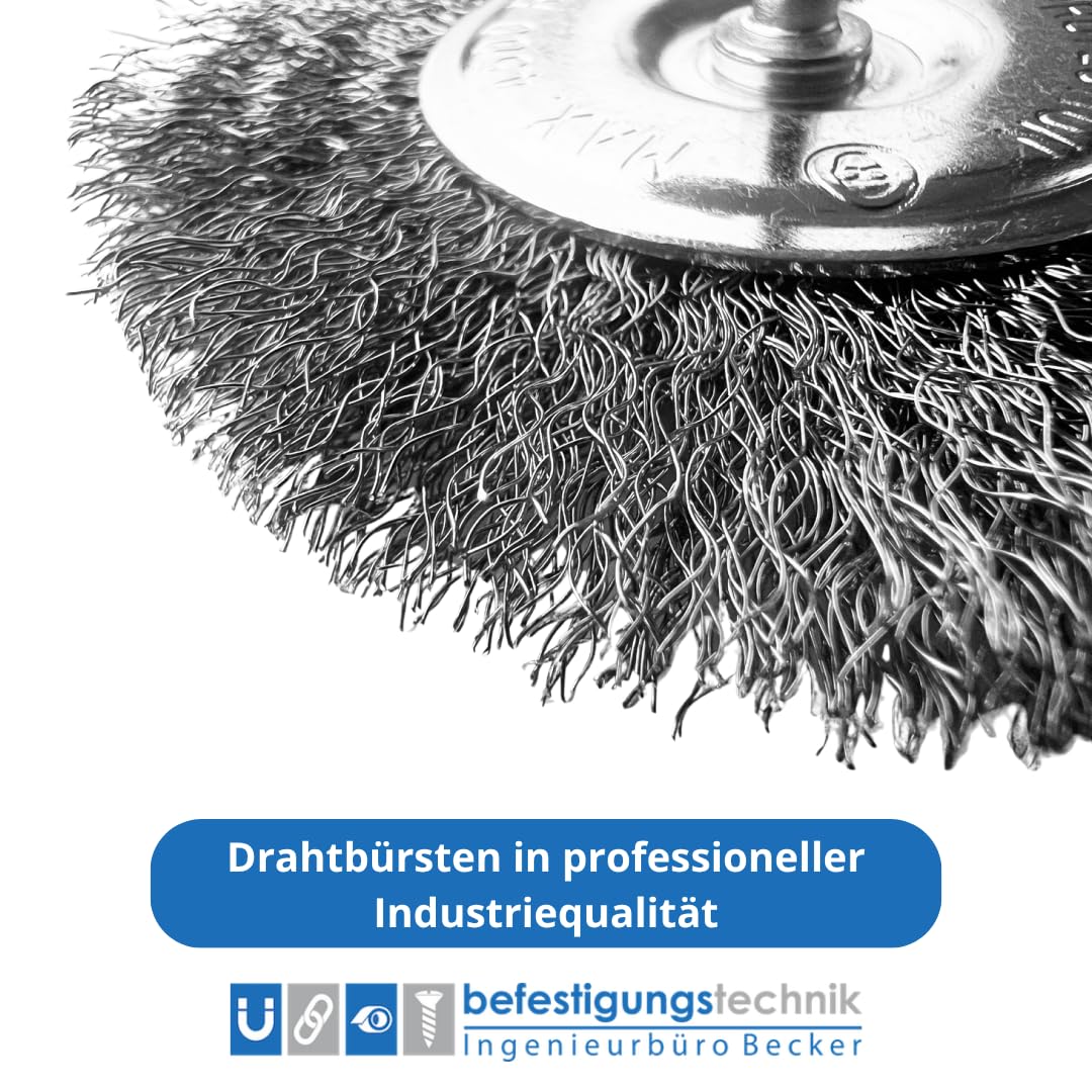 1–60x Drahtbürste 100 mm mit 6 mm Schaft – Stahldraht Scheibenbürste für Bohrmaschine & Akkuschrauber – Rundbürste zur Rostentfernung, Farbentfernung & Metallreinigung (48)